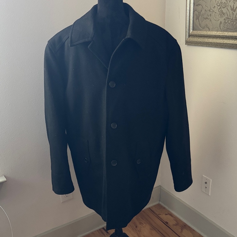 London Fog Men's Black‎ wool blend over Coat single front quilted lining XL